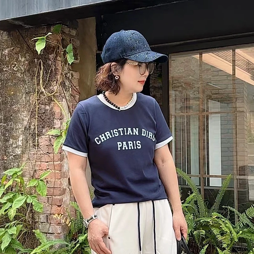 【卿她】撞色字母短袖T恤2025春夏新款时尚休闲圆领显瘦简约上衣ins