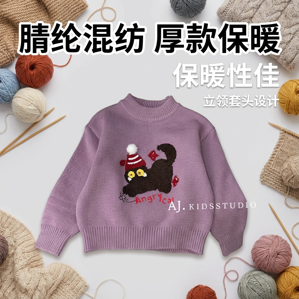 现【圣诞喵】阿卷冬款男女童可爱猫咪套头加厚保暖针织毛衣MPG7445