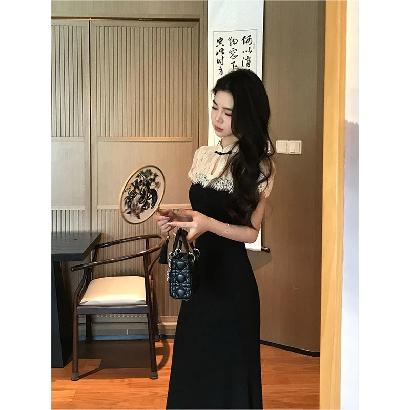 【锦绣河山】新中式蕾丝改良连衣裙女夏季小众收腰拼接长裙W2670