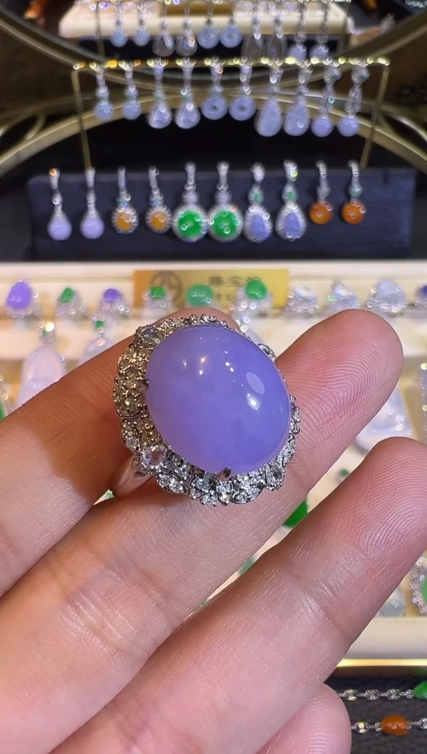 【闪购商品】翡翠戒指18K金镶嵌高冰浓紫蛋面戒指吊坠两用