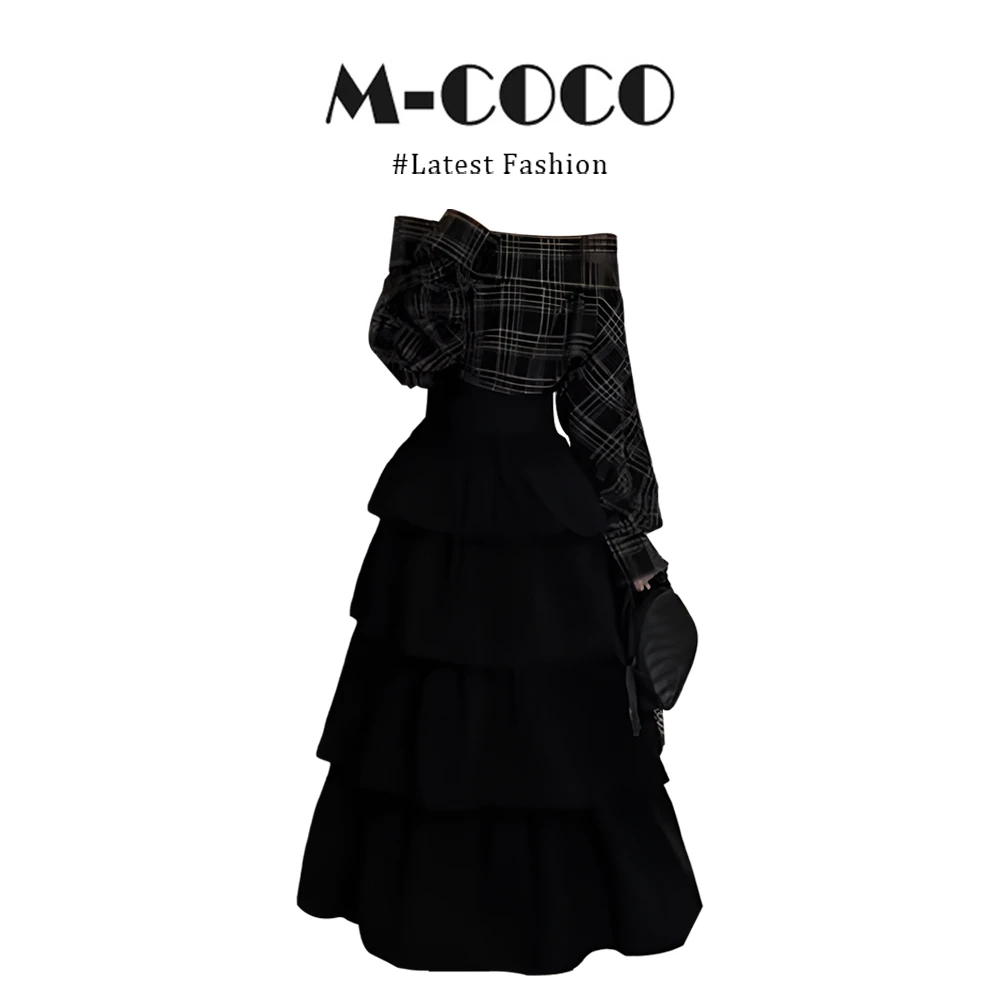 MARIE.COCO格纹撞色一字领长袖衬衫女2025秋季新款时尚蛋糕裙套装