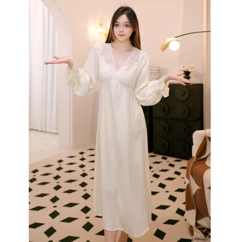 睡裙女夏季长袖中长款韩版蕾丝宽松睡衣家居服薄