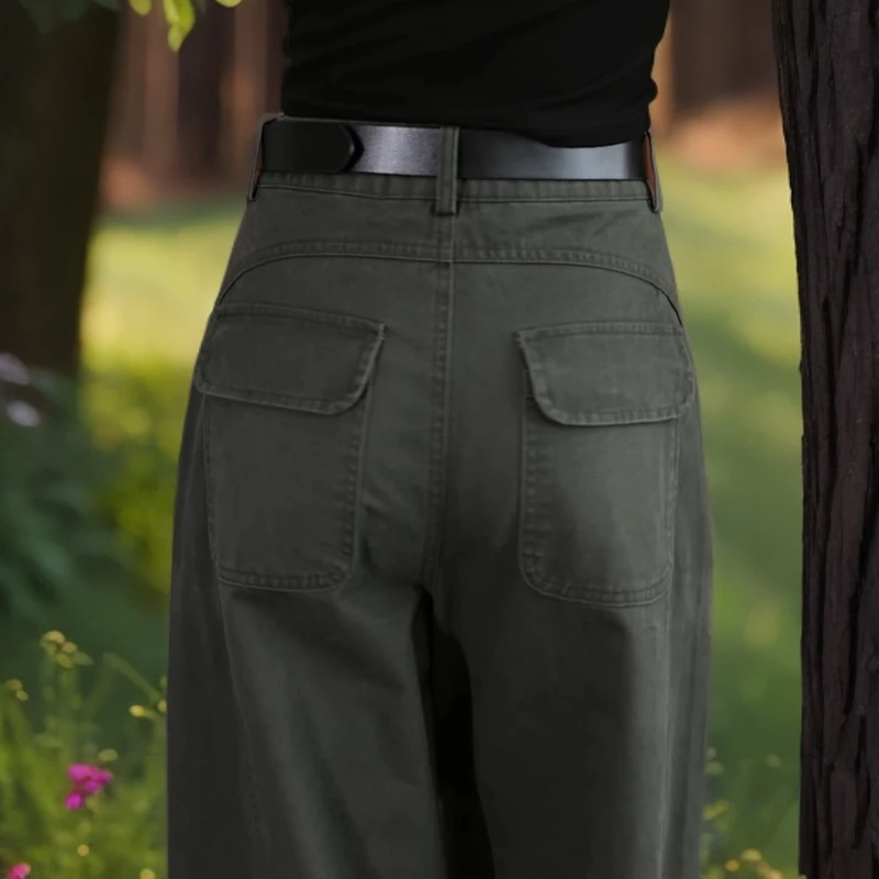 军绿色工装裤女2025新款高腰显瘦宽松直筒弯刀裤百搭休闲阔腿裤子