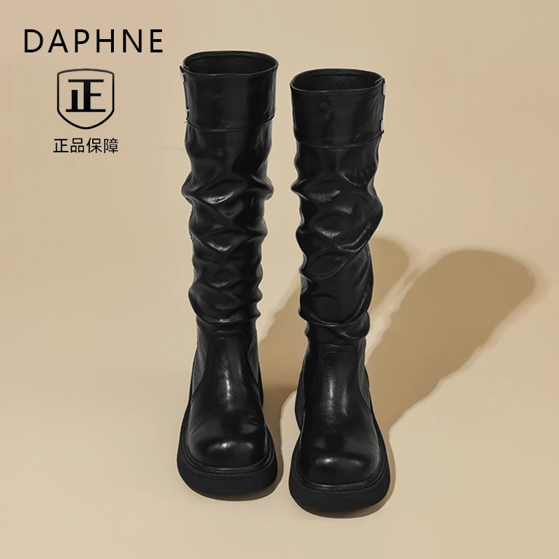 达芙妮新款黑色长筒靴女2025秋季长靴褶皱堆堆靴子厚底高筒骑士靴