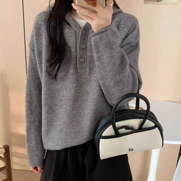 慵懒风宽松连帽毛衣外穿纯色百搭2025秋冬加厚叠穿简约针织衫上衣