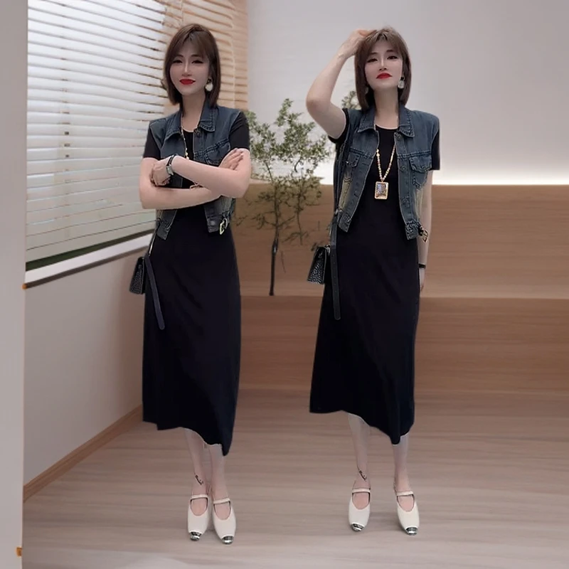 夏季新款时尚牛仔马甲短袖连衣裙两件套2025显瘦气质牛仔裙套装
