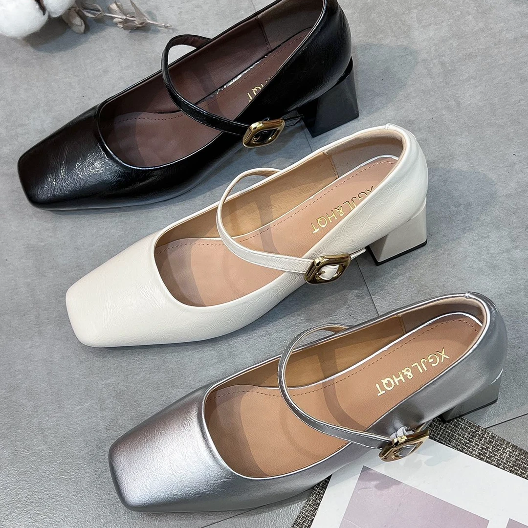 RM3026春季新款百搭方头中跟法式玛丽珍鞋单鞋