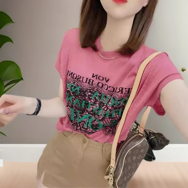 竹节棉显瘦洋气时尚百搭夏季宽松印花圆领大码休闲半袖短袖t恤