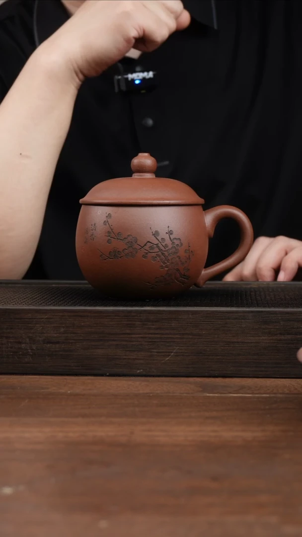 茶壶紫砂紫泥梅花刻绘小胖墩盖杯 ！