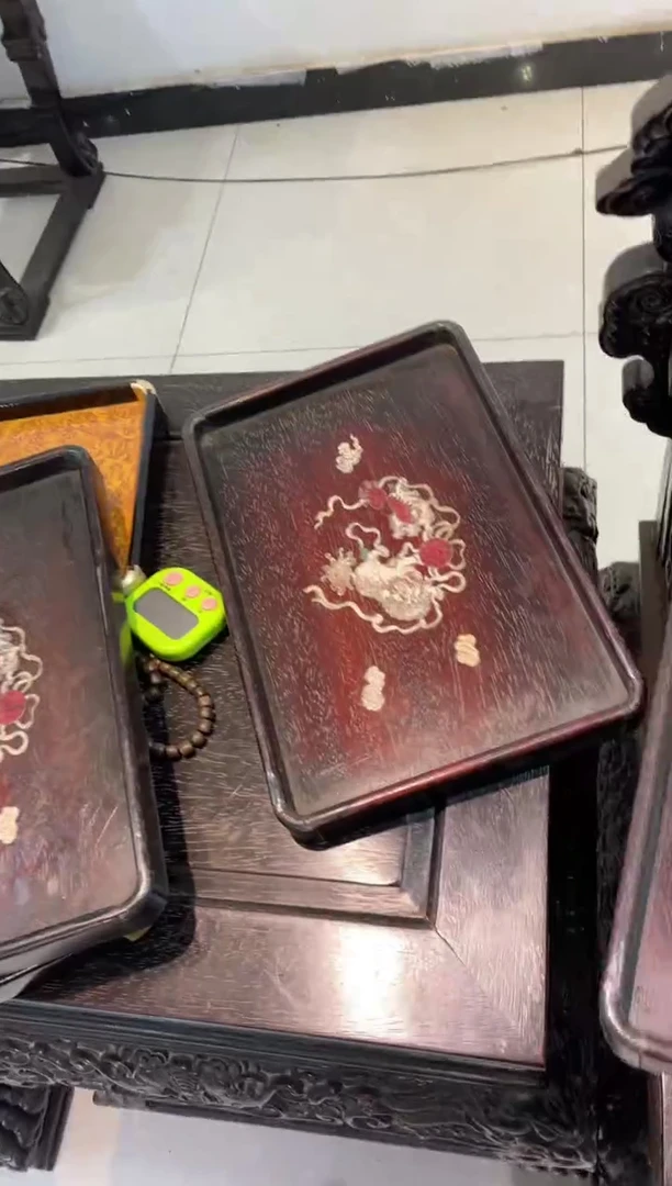 木紫檀彩贝老茶盘一个图案随机发