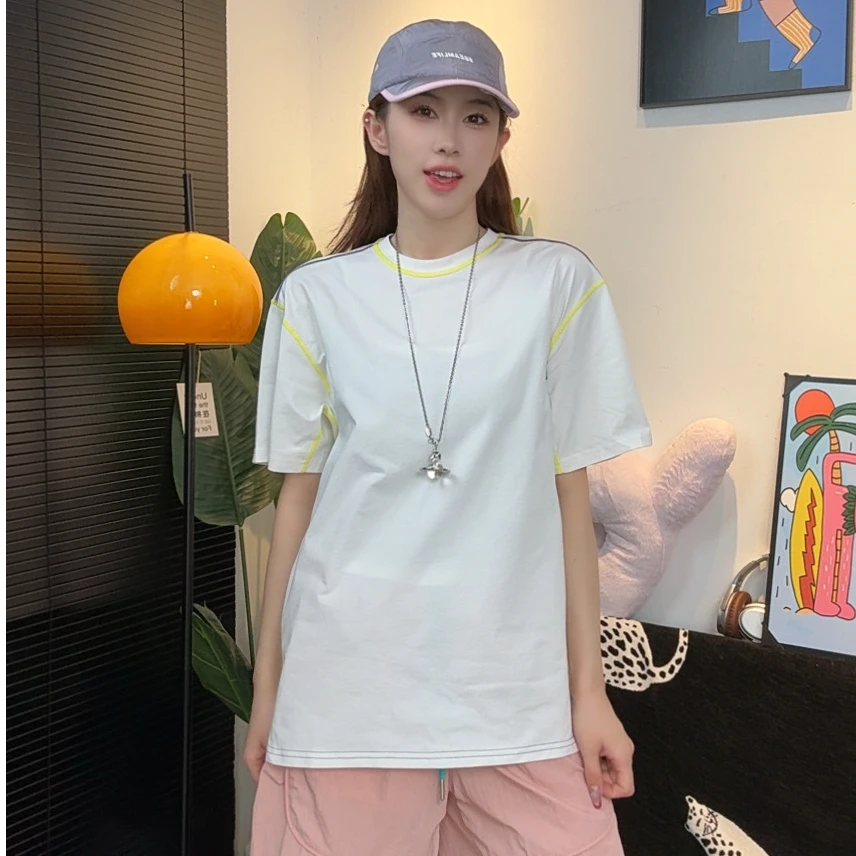 AAKK夏季新款彩线外露运动休闲宽松透气男女同款半袖短袖T恤