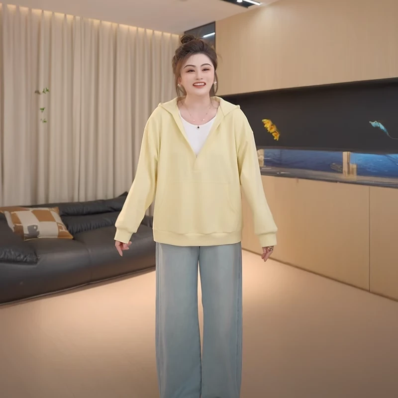 大码女装假两件V领连帽卫衣女春季新款胖mm宽松显瘦遮肉百搭上衣