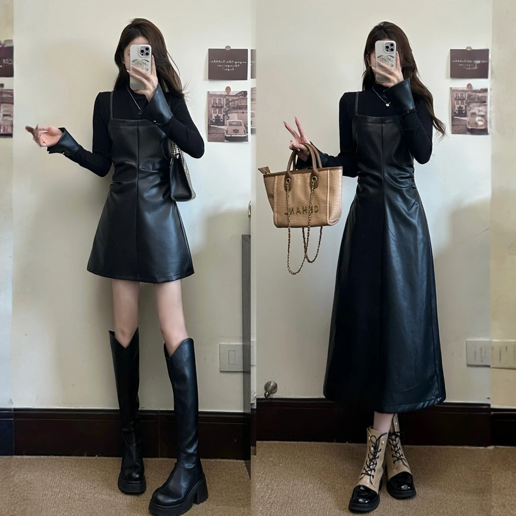 大码女装法式假两件辣妹连衣裙秋季气质小黑裙胖MM遮肚显瘦皮裙子