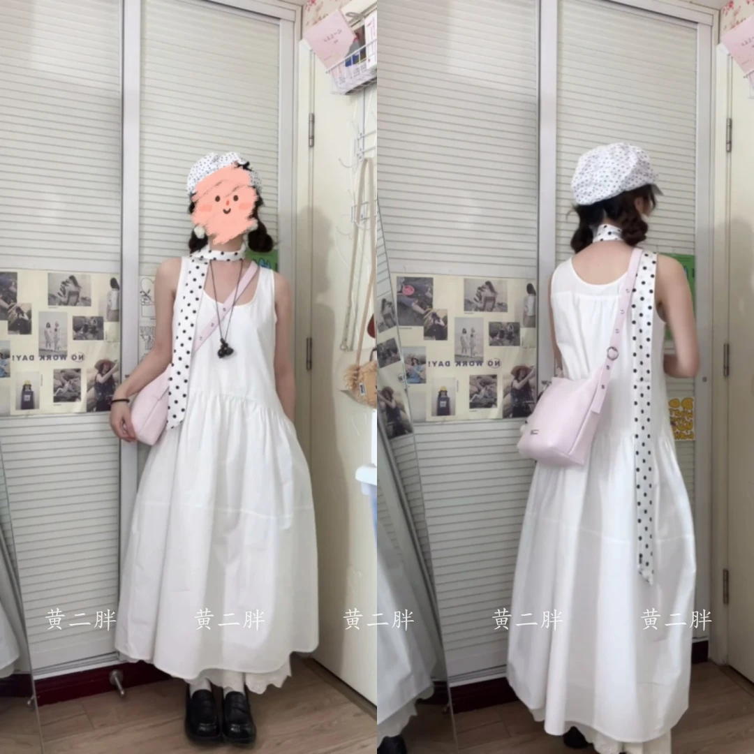 白色U领无袖连衣裙女背心花苞长裙2025夏季新款海边度假沙滩裙子