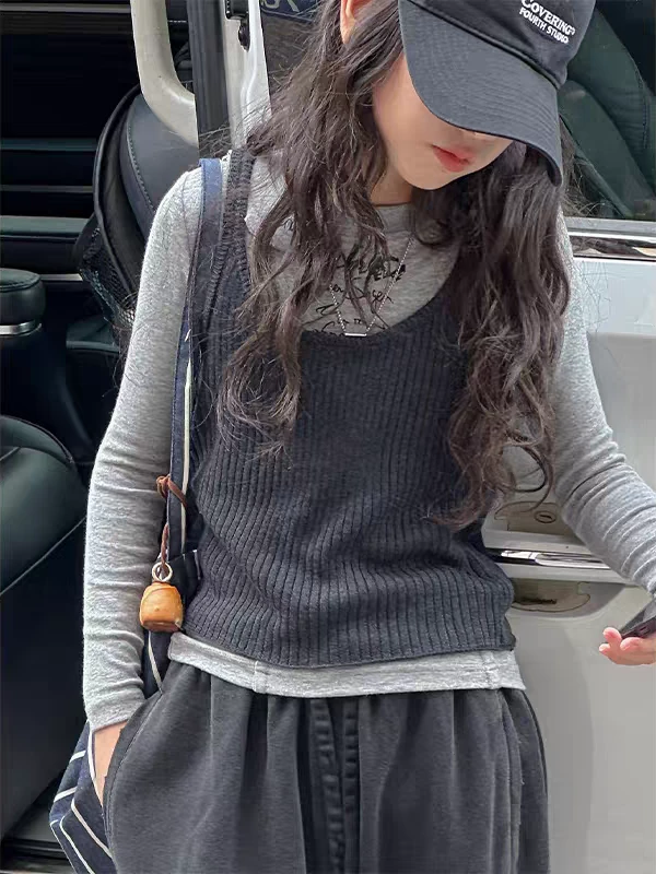 秋季新款高定女童上衣洋气时尚 吊带背心+针织打底衫真两件套2849