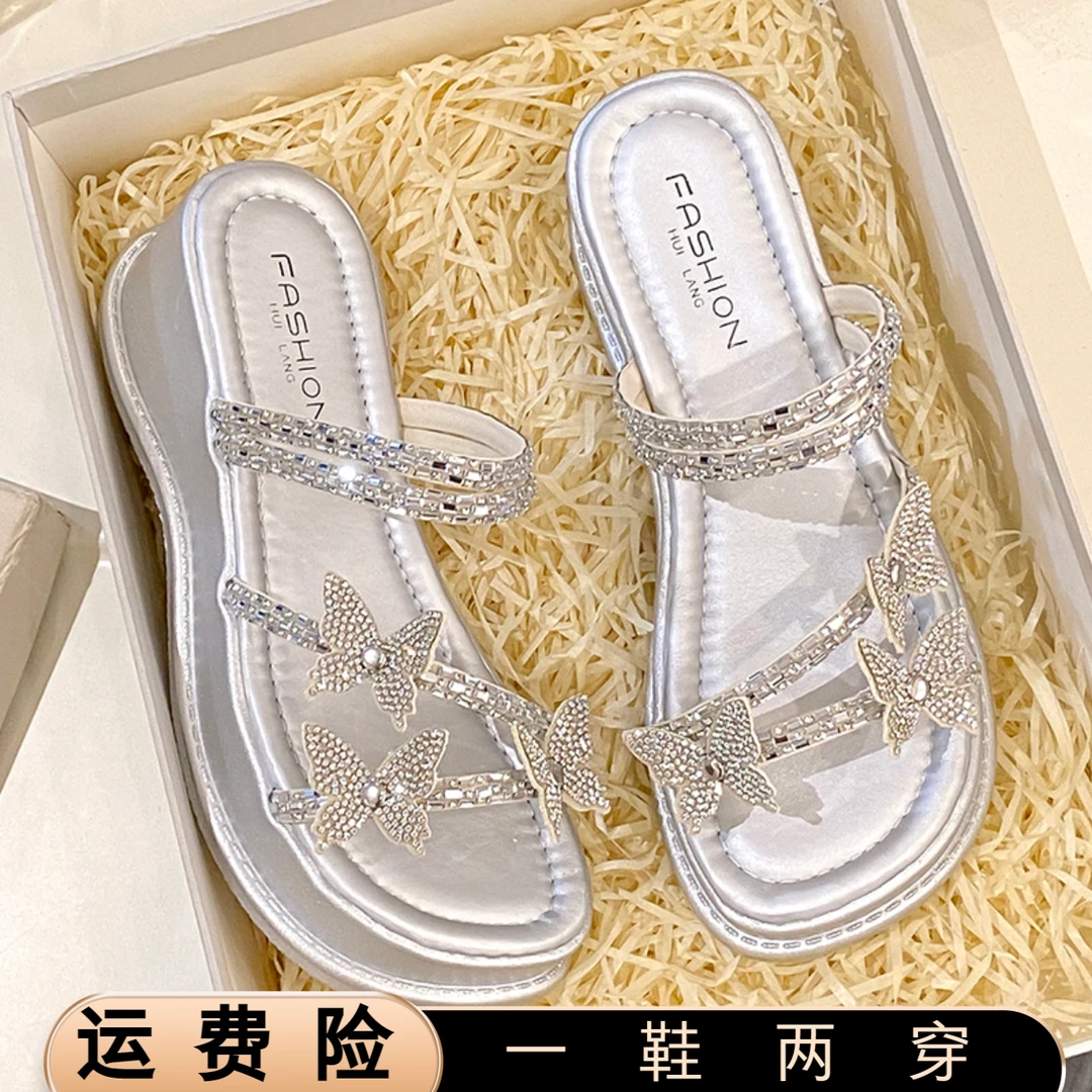 水钻蝴蝶结厚底凉拖鞋女夏外穿2025新款仙女风配裙子两穿高跟凉鞋
