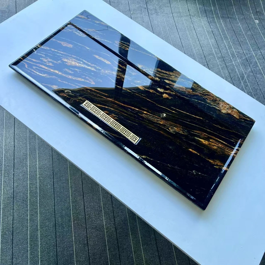 简约家用天然大理石黄金丝绸奢石茶盘礼品高端石材排水茶台石头