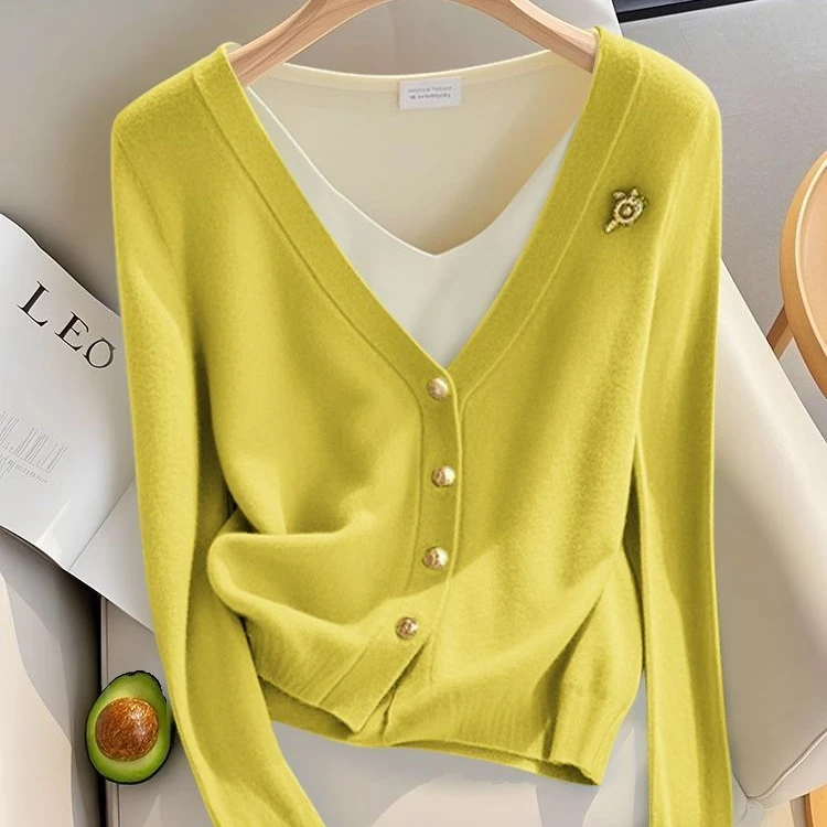 2024秋季新款小香风假两件安可拉红百搭针织开衫女装内搭打底上衣