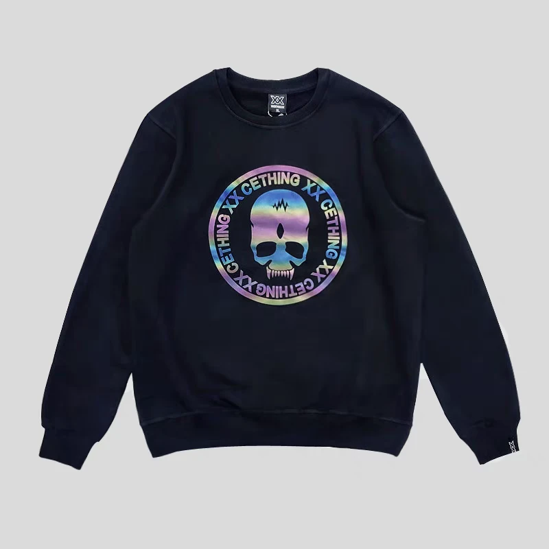 美式复古套头卫衣男3M反光骷髅头圆领秋冬加绒潮牌外套