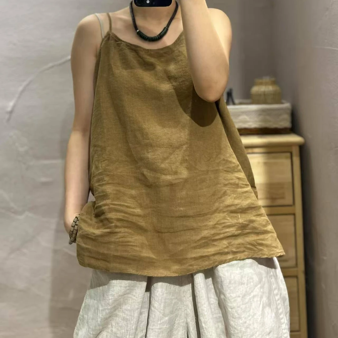 【半奏】夏季新款纯色亚麻宽松吊带背心女胸围110加肩带衣长62