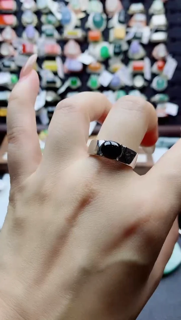 银S925镶嵌戒指翡翠天然翡翠A货男戒