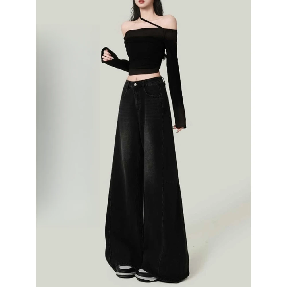 大码美式黑灰色毛边阔腿牛仔裤女2025春季新款高腰宽松喇叭拖地裤