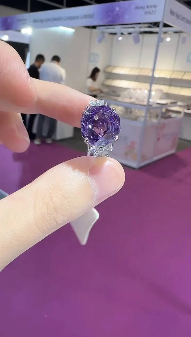 银S925镶嵌戒指紫晶12mm玫瑰切工