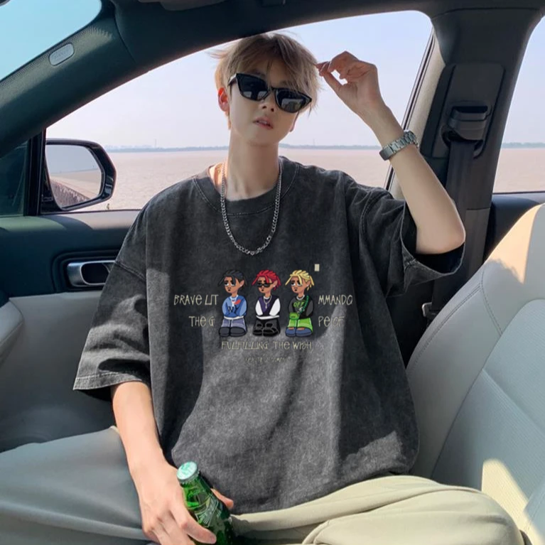 美式潮牌水洗做旧卡通潮人重磅潮牌复古短袖t恤男女生宽松上衣服