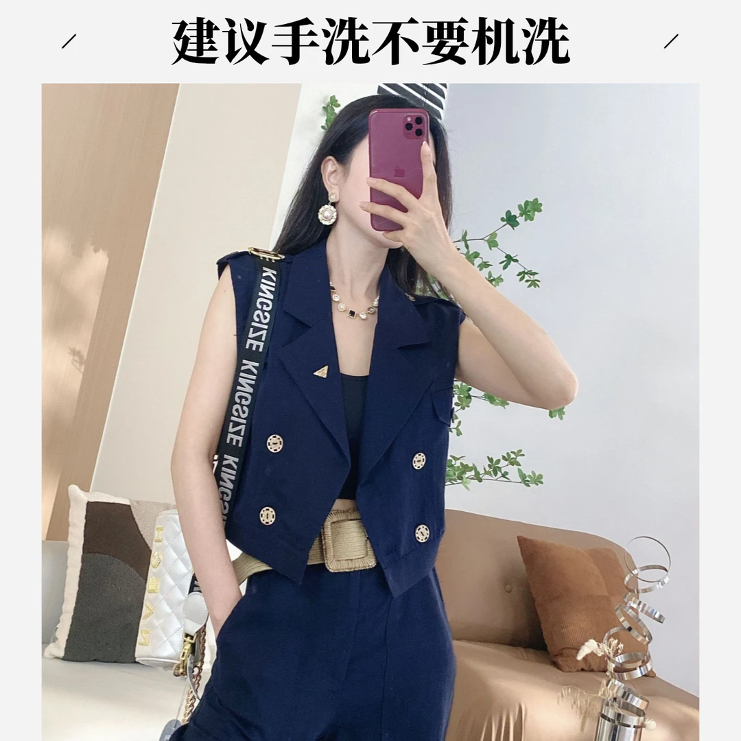 D5【橦颜】腰带双排扣马甲上衣+阔腿裤两件套（SJ21）（YDDF）6008