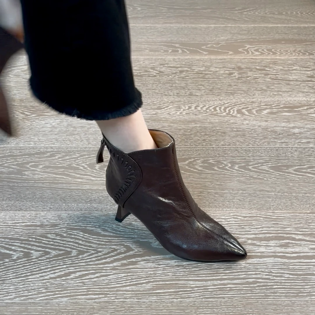 6CM头层羊皮后拉链高跟秋冬法式细跟瘦瘦靴冬季尖头短靴百搭女靴