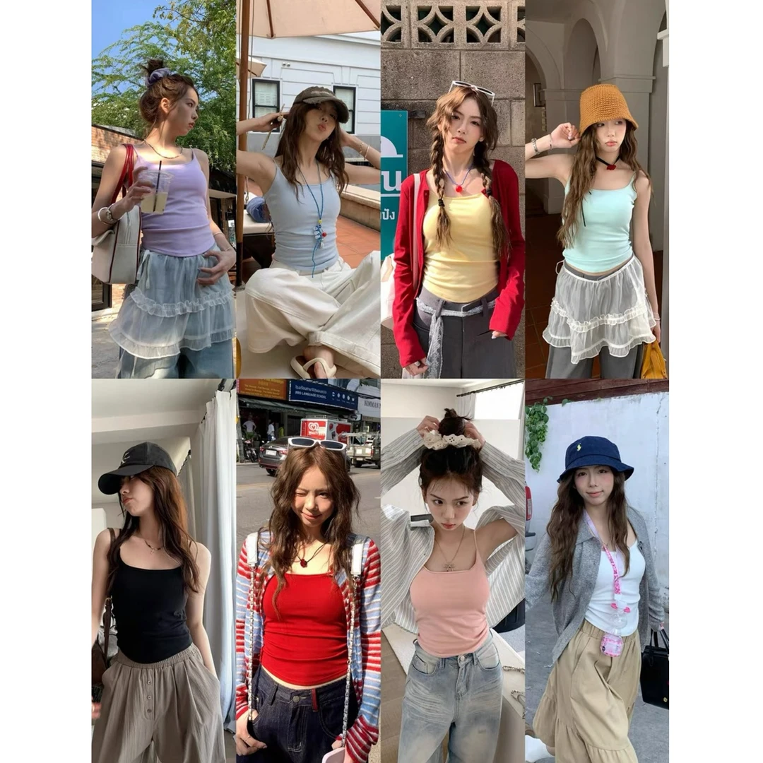 【马卡龙美背】纯欲辣妹性感百搭U领小吊带背心外穿褶皱美背00060