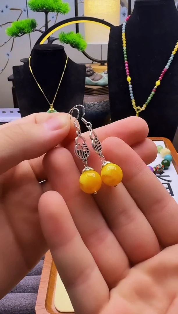 银S925镶嵌蜜蜡耳饰E57
