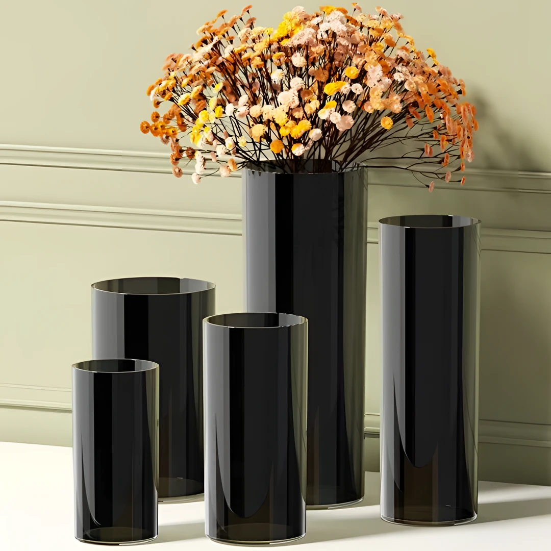 柚萝北欧纯黑花瓶大号圆形花筒直筒花盆富贵竹鲜花加高醒花桶