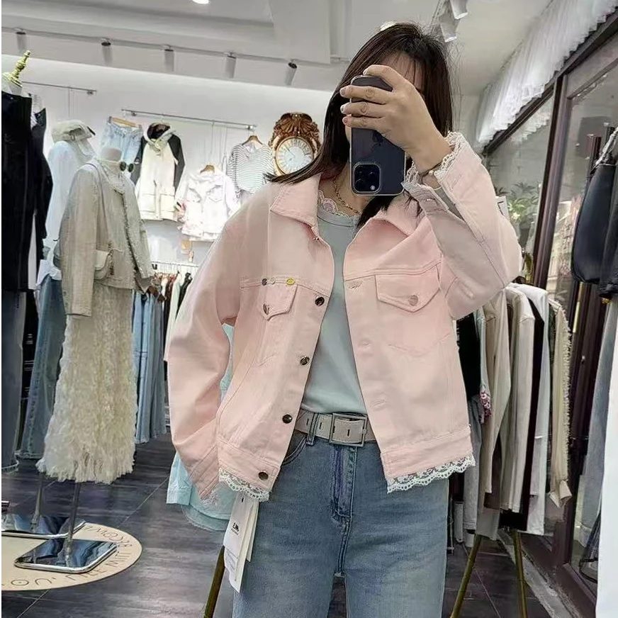 春季新款蕾丝边设计彩色牛仔外套上衣时尚休闲洋气减龄甜美百搭
