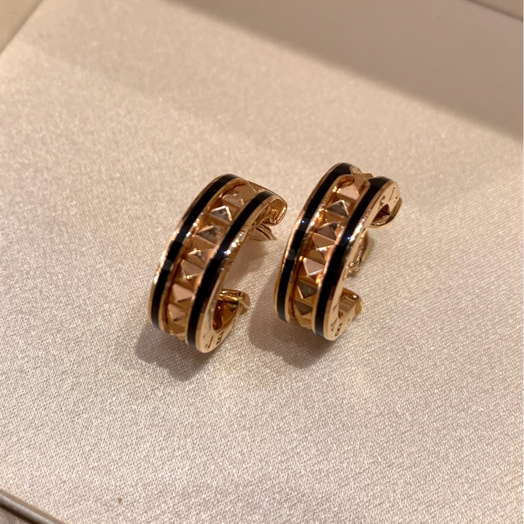 99新 BVLGARI/宝格丽 小花柳 Rock 黑陶瓷 耳钉 18K玫瑰金