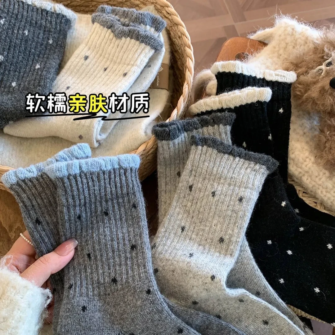 波点袜子女中筒花边百搭长筒温柔秋冬季复古多巴胺ins日系堆堆袜F