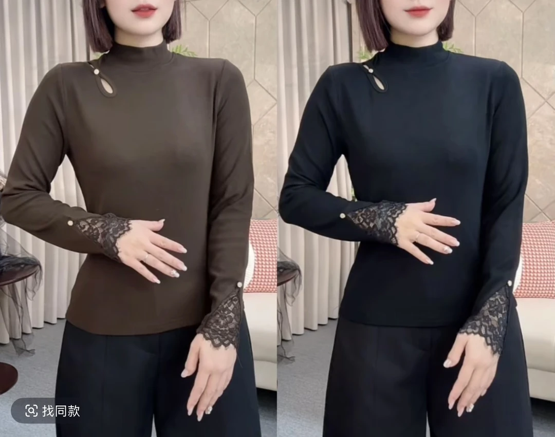 【柯家服饰】秋冬新款纯色袖口蕾丝设计感半高领长袖上衣