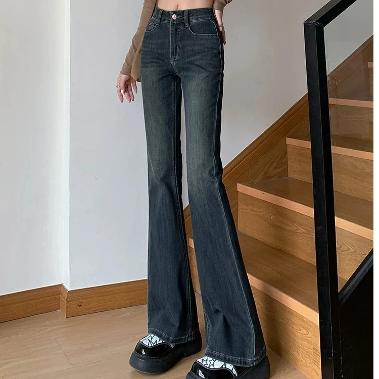 2024新款高腰微喇牛仔裤复古做旧百搭直筒休闲女春秋显瘦秋季宽松