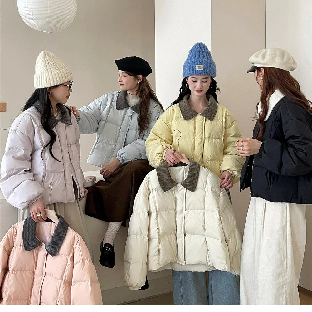 【门店款 】冬季新韩版宽松翻领撞色短款羽绒服女白鸭绒保暖羽绒服