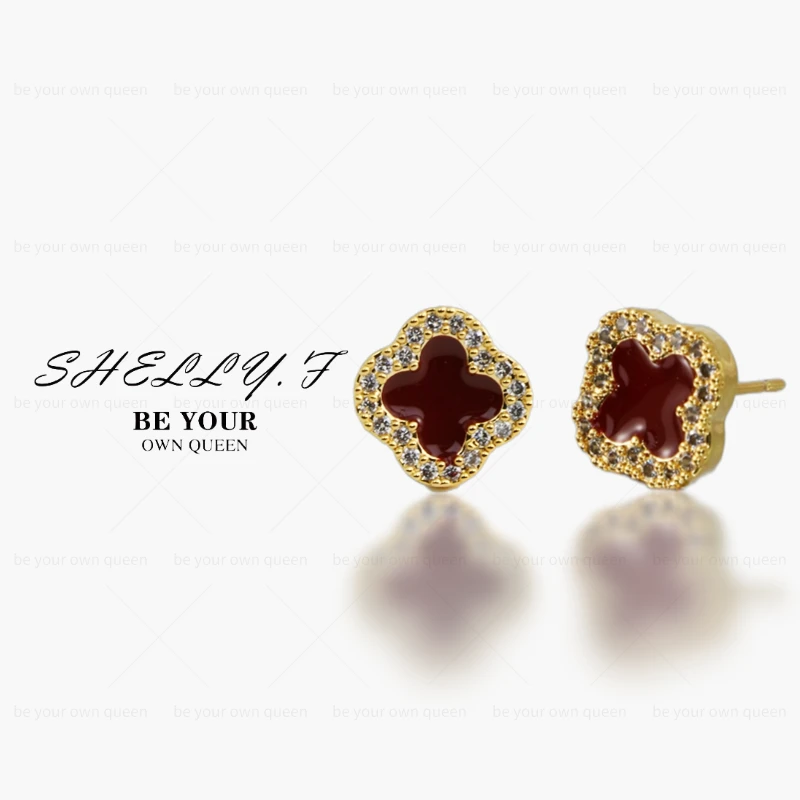 铜合金合成锆石耳饰 ME001红心四叶草耳钉气质轻奢时尚复古法式