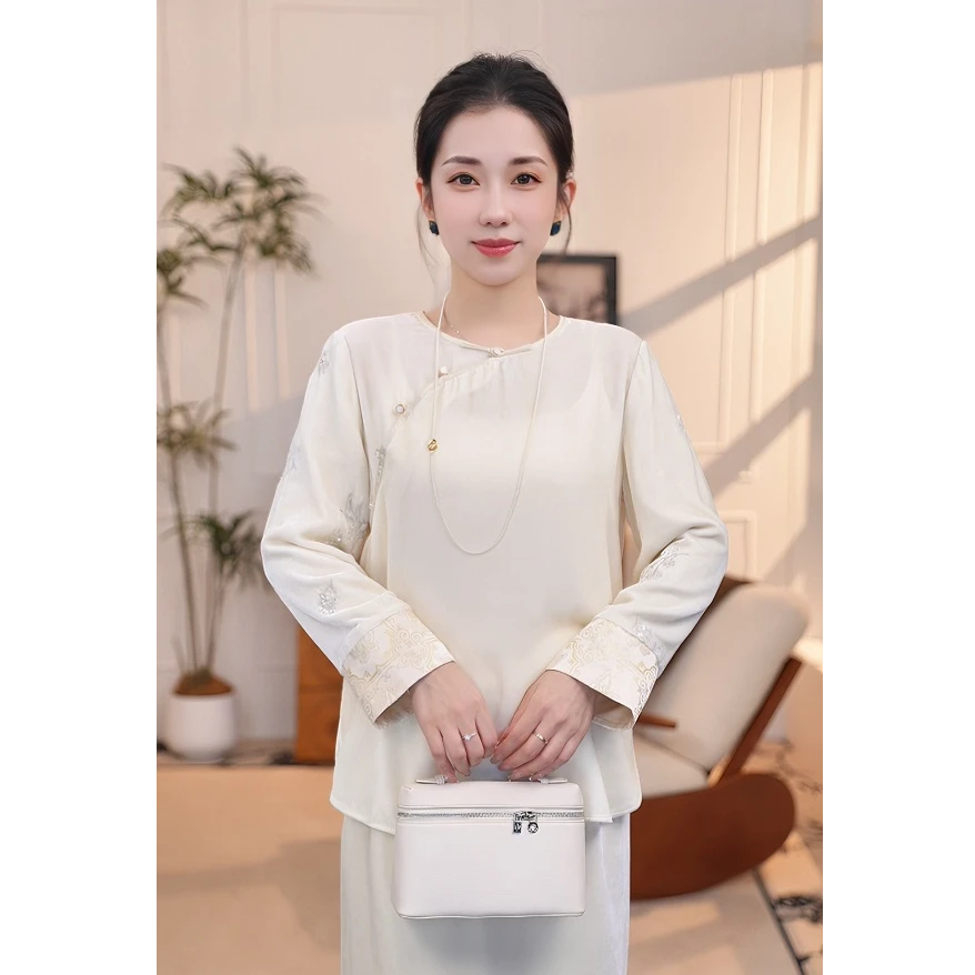 【知否】新中式轻奢白色桑蚕丝显瘦气质百搭丝绒上衣