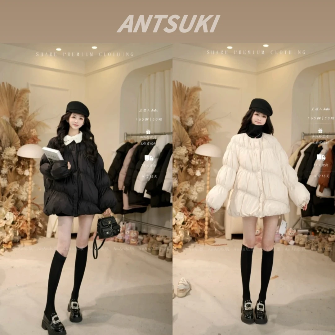 【热奶茶】24年秋冬季新款中长款韩版无领白鸭绒羽绒服