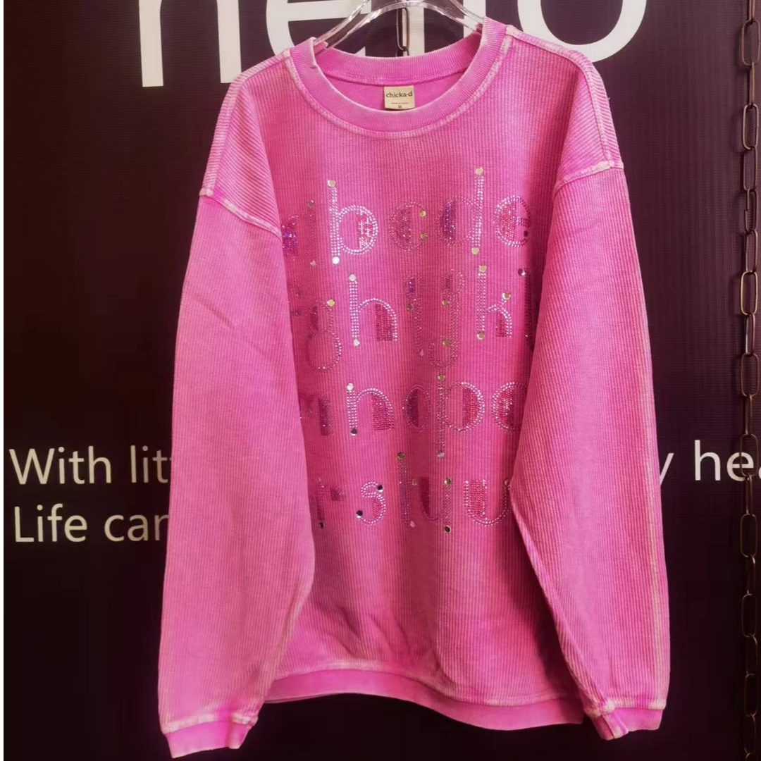 change 2025年春季新款炒色圆领粉色字母钻卫衣