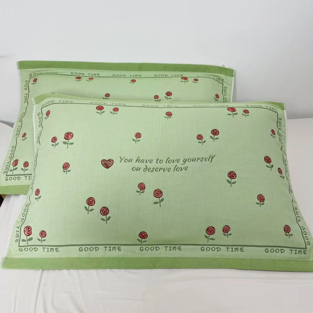 浪漫小玫瑰绿纯棉轻奢枕巾