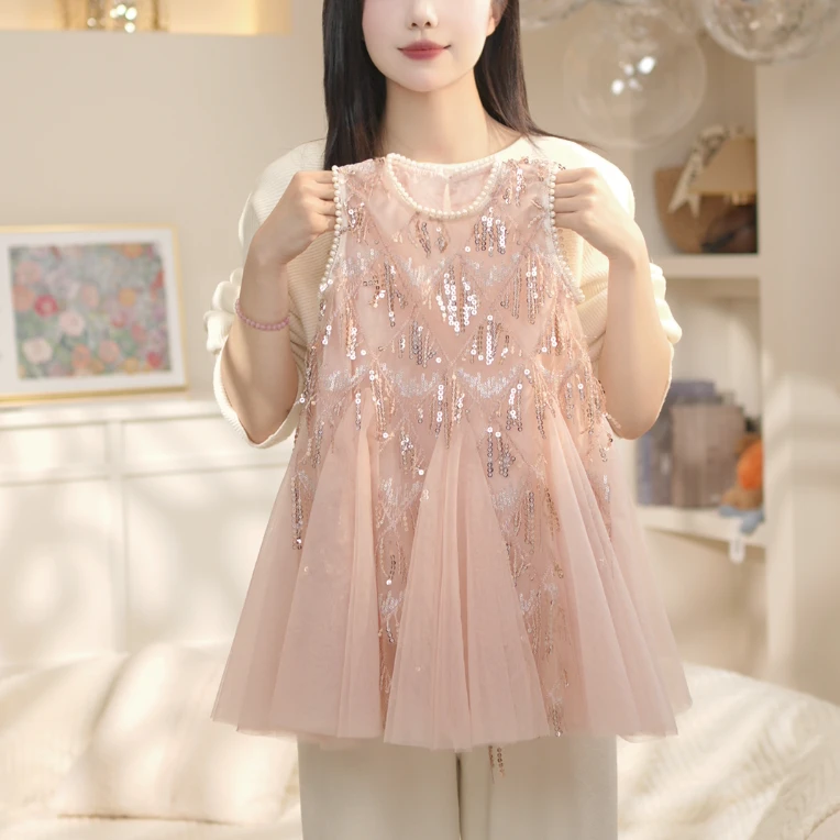 2025夏季新款女童连衣裙裙子中大童小女孩洋气礼服粉色珍珠亮片