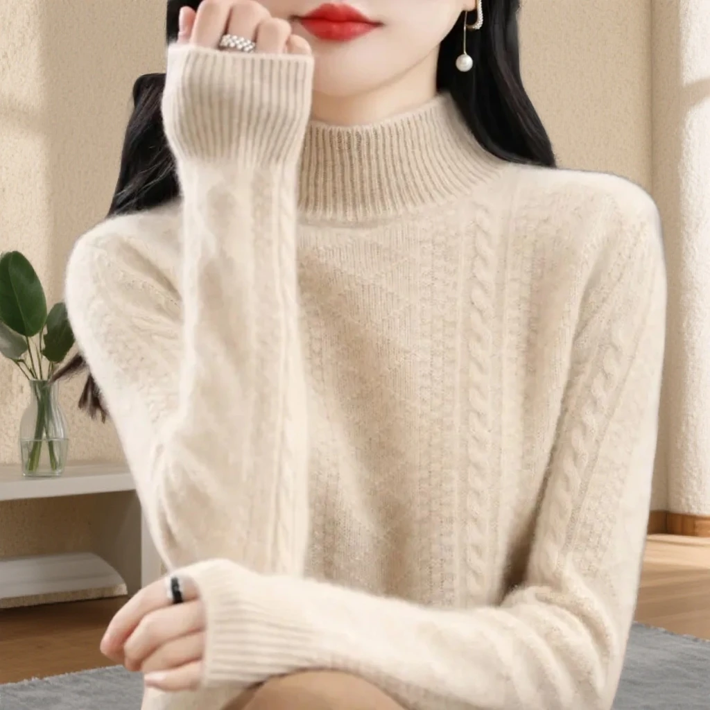 新款纯100羊绒衫秋冬保暖半高领女时尚百搭宽松加厚长袖打底毛衣