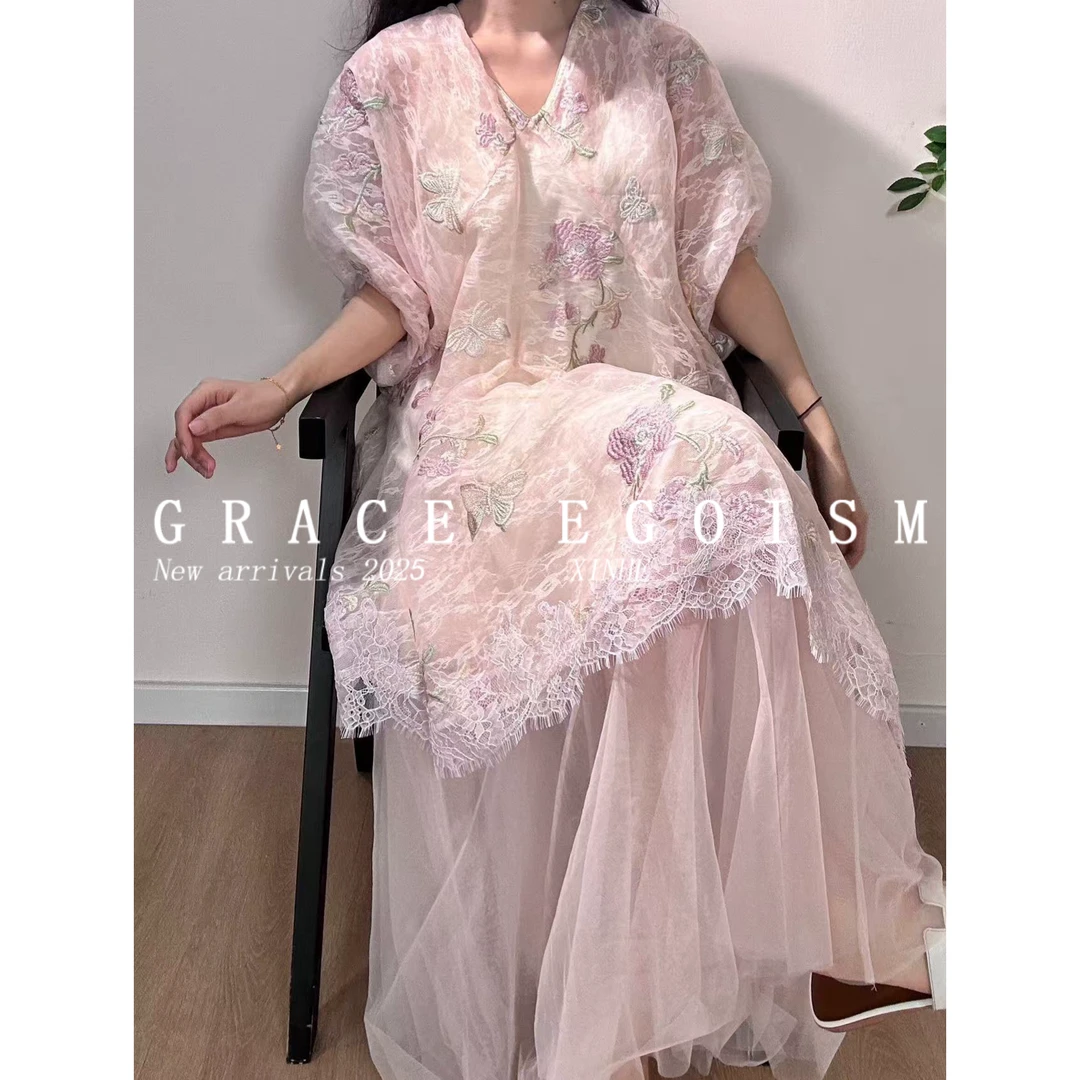 金禾【金禾专属】夏款国风重工刺绣蕾丝拼接花边连衣裙3344