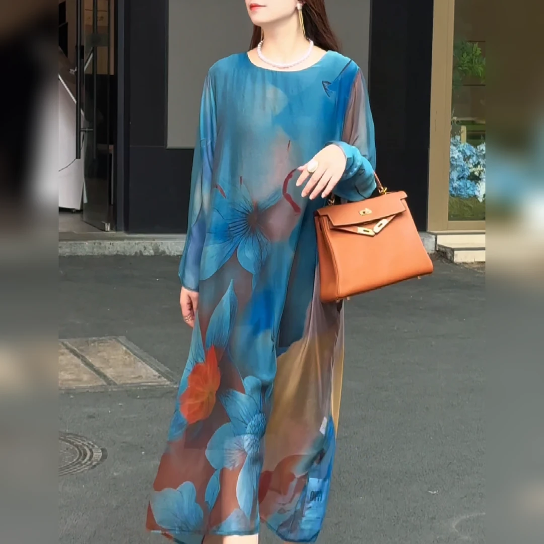 【2525兰】桑蚕丝/海蓝之恋2025年早春新款时尚宽松款显瘦连衣裙