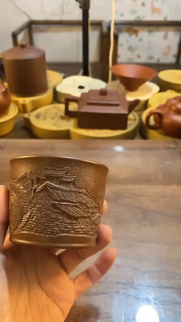 紫砂主人杯全手工陶刻120cc