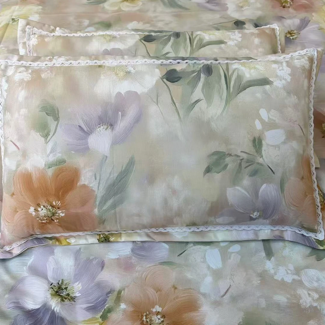 原棉粗布枕套--朦胧花开米（花边）